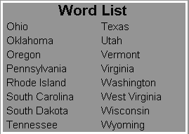 USA States O-W Word List