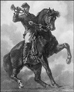 Old picture of a soldier on horseback playing the bugle to encourage other troops