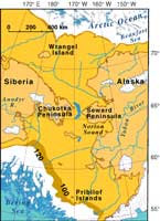 Map showing Alaska and Siberia joined by the Bering Land Bridge - created by US Geological Survey Separtment of the Interior, USGS  