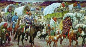 Old picture of people being moved by force so their land can be taken from them
