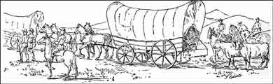 Old picture of settlers in a wagon train 