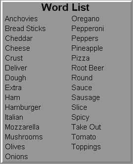 Word List Pizza Word Search Puzzle